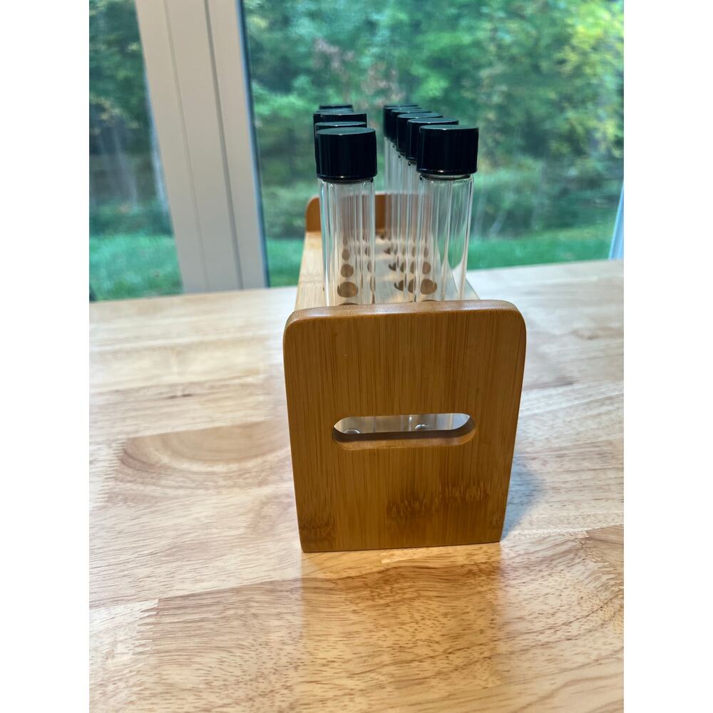 12 Capped Glass Test Tubes with Wood Stand Display Rack Science Lab Testing - Picture 4 of 12